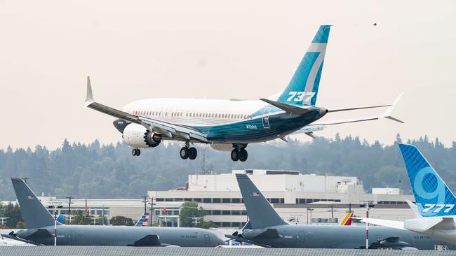 A Boeing 737 MAX piloted by FAA chief Steve Dickson lands to conclude a test flight, on September 30, 2020 in Seattle, Washington. Picture: AFP