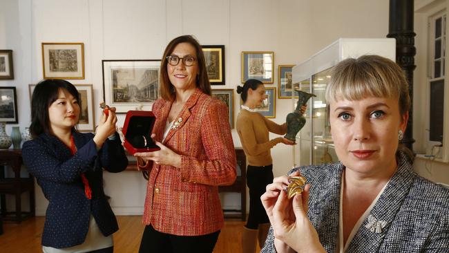 L to R: Yvett Klein, Jewellery Specialist Fiona Frith, Francesca Cavazzini and Bonhams Director Merryn Schriever with items form the upcoming auction at Bonhams of Woollahra. Picture: John Appleyard