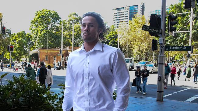 NRL player Nicho Hynes arrives at Downing court in Sydney for the bail hearing of has mother Julie Hynes, convicted of her involvement in a heroin ring. Picture: Gaye Gerard