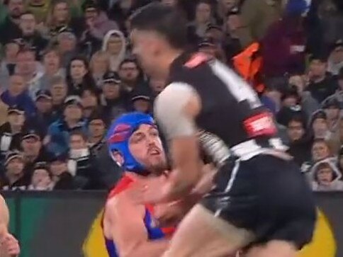 Screengrabs of Angus Brayshaw of the Demons is being cleaned up by Brayden Maynard of the Magpies during the qualifying final between Collingwood and Melbourne at the MCG>Fox Sport