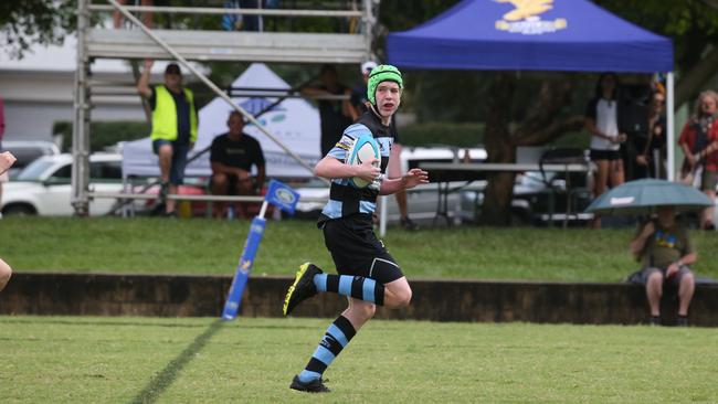 Day 1 of the King of the Country junior rugby union tournament at the Gold Coast Eagles Rugby Union Club.Maroochydore Swans (BLUE AND BLACK) vs USQ Saints (Blue ) Maroochydore Player No USQ Player No Pic Mike Batterham