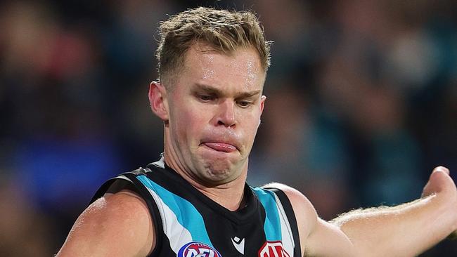 ADELAIDE, AUSTRALIA - AUG 03: Dan Houston of the Power during the 2024 AFL Round 21 match between the Port Adelaide Power and the Sydney Swans at Adelaide Oval on August 03, 2024 in Adelaide, Australia. (Photo by Sarah Reed/AFL Photos via Getty Images)