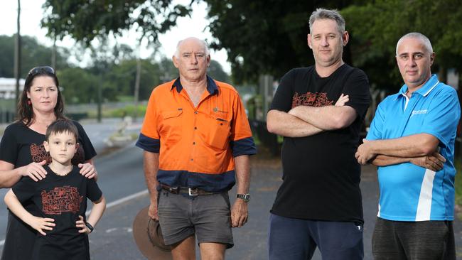 Freshwater residents are concerned about the spike in crime in their suburb, and are looking hiring a private security firm to patrol the area at night in a bid to prevent crimes, rather than wait for police to respond once a crime is committed. Julie Johnston with her son Ethan, 10, Ross Rankine, Richard Johnston and Kane Brown, who is behind the campaign at Freshwater. Picture: Brendan Radke