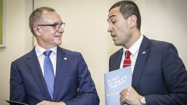 Premier Jay Weatherill and Treasurer Tom Koutsantonis at today's press conference on SA's power. Picture: Mike Burton