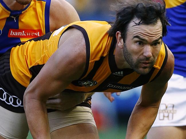 AFL: Round 2 Hawthorn v West Coast Jordan Lewis tackled by Luke Shuey Picture:Wayne Ludbey