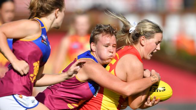 Dee Heslop (right) is now a Lion. Picture: AAP Image/Darren England