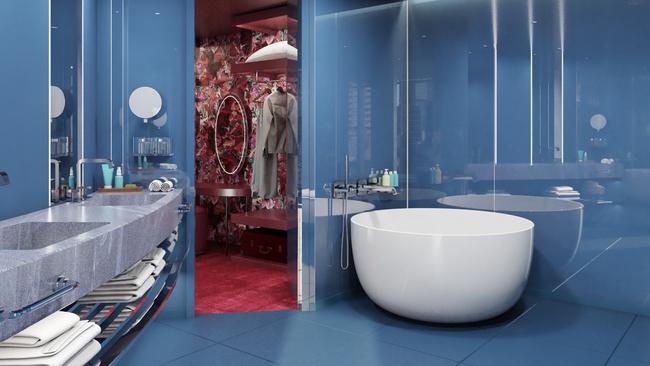 A render of a bathroom, which features steel blue tiles, a round tub and a rainfall shower.