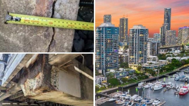 (Clockwise from top left) Cracking on a concrete support under the boardwalk; Dockside Marina; a report found significant rust under the boardwalk.