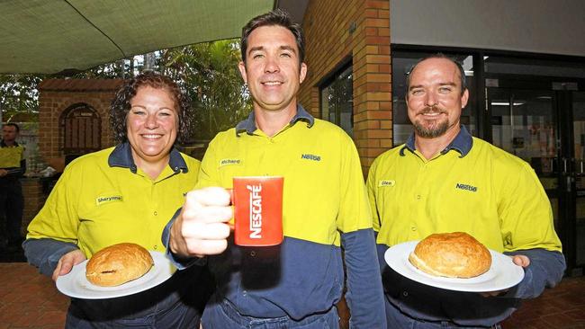 Sharynne Durbidge, with factory manager Richard Jones and Glenn Jones enjoy a decent pre-Australia Day breakfast. Picture: Troy Jegers