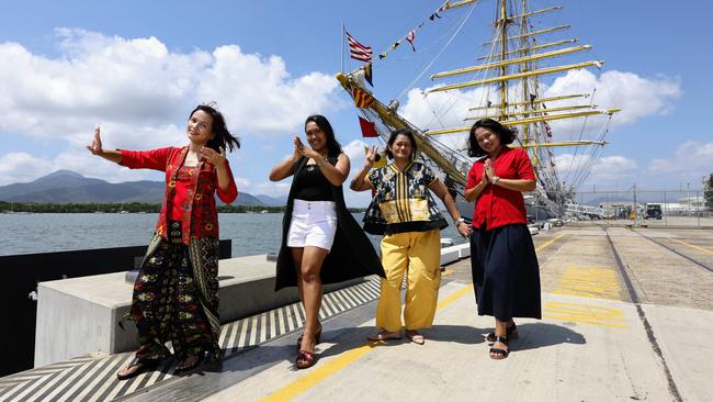 Members of the Australian Indonesia Association Demi Wright, Nita Simatupang, Dina Jones and Laeli Markey, who performed a traditional dance in front of the KRI Bima Suci as part of the open day festivities, were honoured to see the distinctive ship dock in their new home city of Cairns. Picture: Brendan Radke