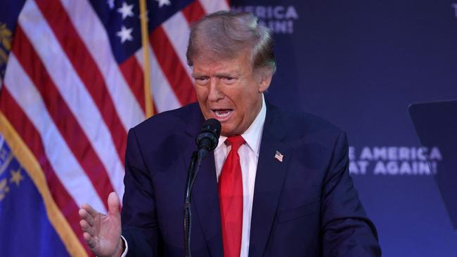 Republican presidential candidate and former president Donald Trump addresses a campaign rally in Rochester, New Hampshire, on Sunday. Picture: Getty Images