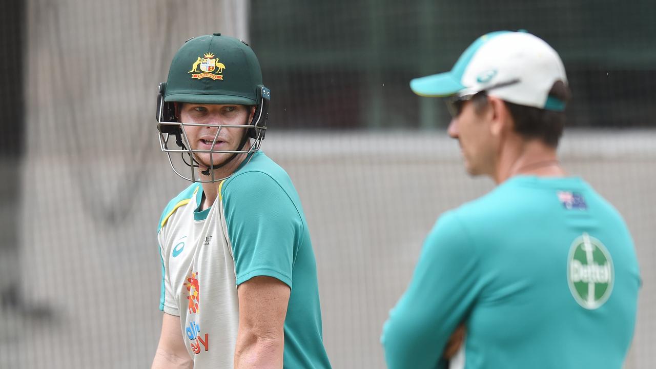 Steve Smith and Justin Langer during a training session.