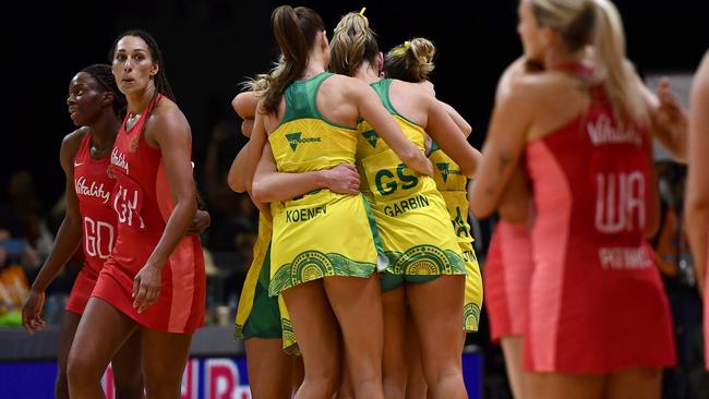 CAPE TOWN, SOUTH AFRICA - AUGUST 06: Australia celebrates winning during the Netball World Cup 2023, final match between England and Australia at Cape Town International Convention Centre, Court 1 on August 06, 2023 in Cape Town, South Africa. (Photo by Ashley Vlotman/Gallo Images/Netball World Cup 2023)