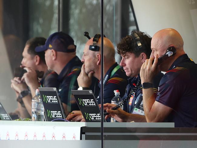 ADELAIDE, AUSTRALIA - MAY 26: Matthew Nicks, Senior Coach of the Crows and his coaching staff in the coaches box during the 2024 AFL Round 11 match between Kuwarna (Adelaide Crows) and Waalitj Marawar (West Coast Eagles) at Adelaide Oval on May 26, 2024 in Adelaide, Australia. (Photo by Sarah Reed/AFL Photos via Getty Images)