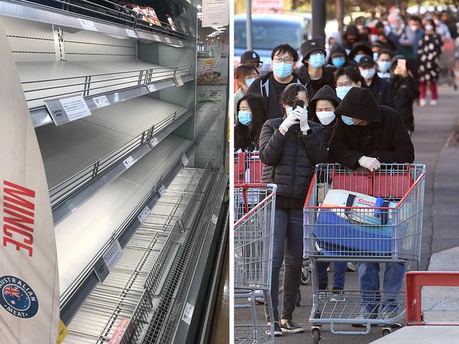 Shelves at a Camberwell supermarket are stripped of meat (left) and toilet paper (centre); shoppers queue outside a Melbourne Costco yesterday. Pictures: John Ferguson, AFP