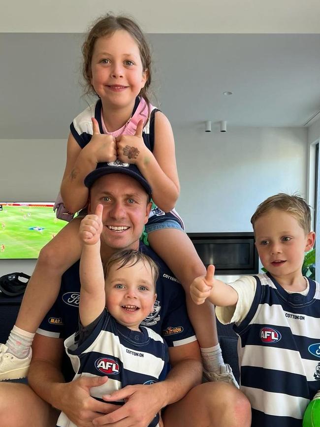 Cats star Mitch Duncan with his kids Scarlett, Ollie and Archie.