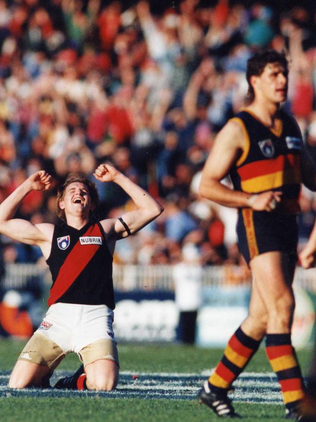 James Hird as Crow Mark Viska looks stunned after Essendon’s come-from-behind victory in the 1993 preliminary final.