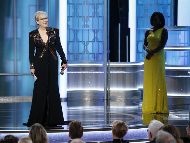 Meryl Streep accepting the Cecil B. DeMille Award as presenter Viola Davis looks on. Picture: Paul Drinkwater/NBC via AP