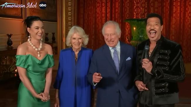 King Charles shares a joke with Lionel Richie in the throne room in Windsor Castle. Picture: American Idol/YouTube