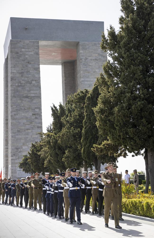 Personnel from Australia's Federation Guard participate in the march past during the Turkish international service at Gallipoli, Turkey.