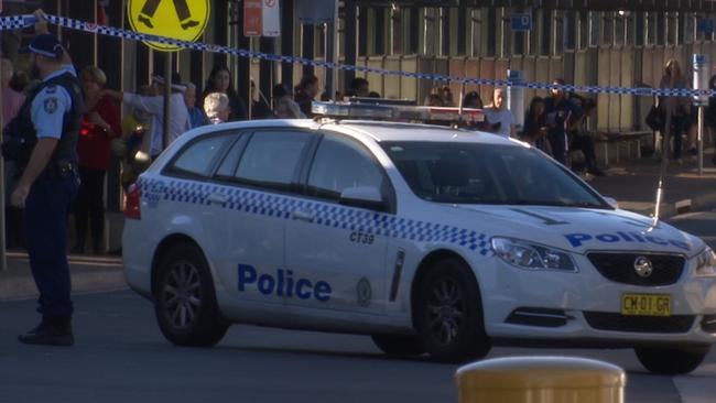 Police swarmed to Campbelltown Railway Station just before schoolchildren turned up to catch transport home from school. Picture: TNV