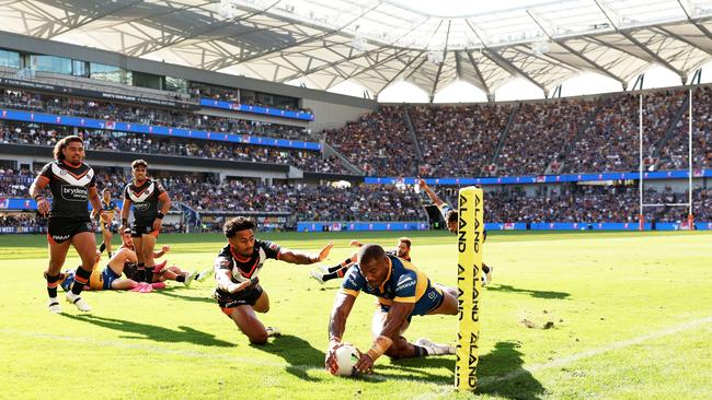 Maika Sivo gets the Eels on the board. Photo: Matt King/Getty Images