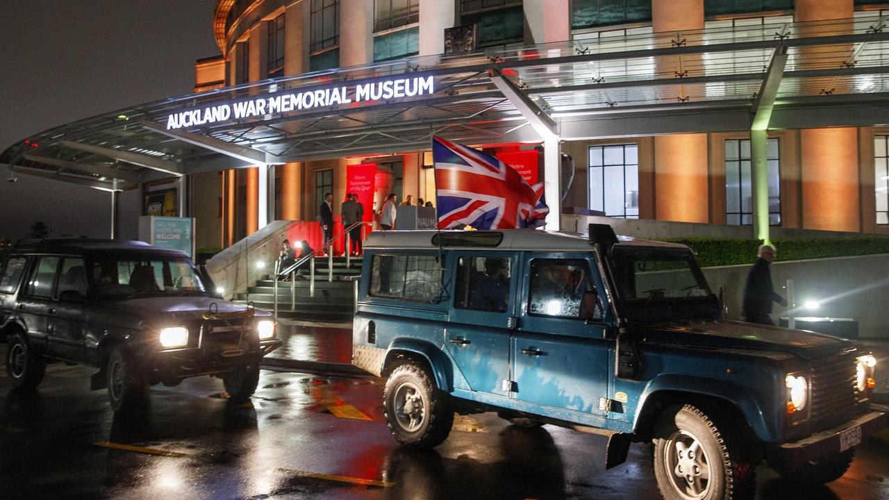 Auckland, New Zealand: A funeral convoy of British cars with Union flags paraded through the streets to the war museum on September 19. Picture: Getty Images