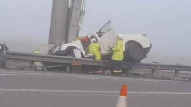 A male patient has been freed from his car after it struck a pole on the Burdekin Bridge near Kirknie Road, Home Hill