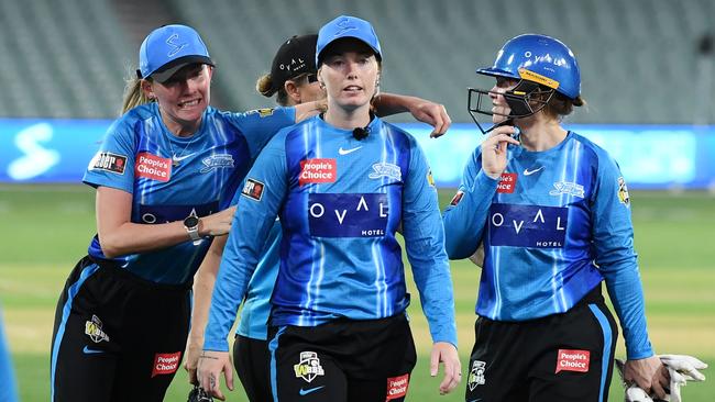 Darcie Brown of the Adelaide Strikers hugs Amanda-Jade Wellington after an amazing performance. Picture: Getty Images