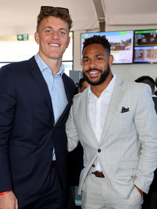 Dolphins players Jack Bostock and Hamiso Tabuai-Fidow. Picture: David Clark