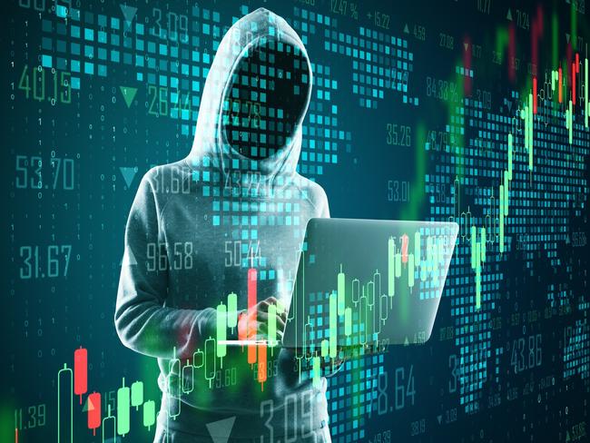 Business security concept with hacker with laptop and digital forex chart with graphs and pixel map.Double exposure.; scammer generic fraud