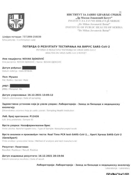 The document that shows when Novak Djokovic got Covid