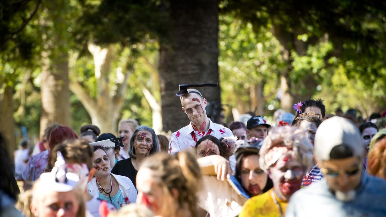 Matt Vaughan is seen above the crowd for the Zombie Walk for Toowoomba Hospital Foundation. File photo: Saturday, October 26, 2019. Picture: Kevin Farmer