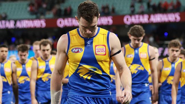 SYDNEY, AUSTRALIA - JUNE 24: Eagles captain Luke Shuey walks from the field after defeat during the round 15 AFL match between Sydney Swans and West Coast Eagles at Sydney Cricket Ground, on June 24, 2023, in Sydney, Australia. (Photo by Mark Metcalfe/AFL Photos/via Getty Images )