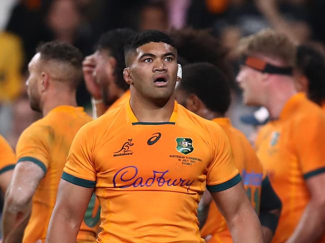 SYDNEY, AUSTRALIA - JULY 15: Jordan Uelese of the Wallabies reacts during The Rugby Championship match between the Australia Wallabies and Argentina at CommBank Stadium on July 15, 2023 in Sydney, Australia. (Photo by Jason McCawley/Getty Images)