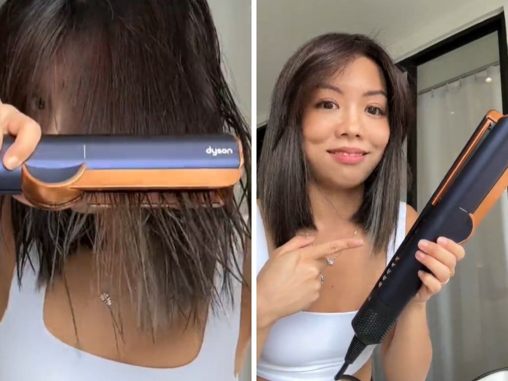 Get shiny and sleek hair with the wet to dry Dyson Airstrait straightener and dryer. Picture: TikTok/@soimjenn.official.