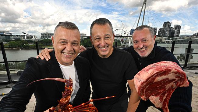 The Gambaro brothers (L-R) Donny, John and Frank on the deck outside their new restaurant at Queen’s Wharf.