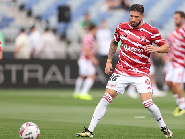 Brandon Borrello will face fellow Socceroos squad members Rhyan Grant, Adrian Caceres and Hayden Matthews when the Wanderers face Sydney FC. Picture: Getty Images