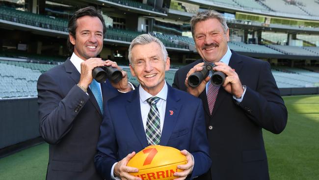 Channel 7 commentary team Hamish McLachlan, Bruce McAvaney and Brian Taylor. Picture: Wayne Ludbey