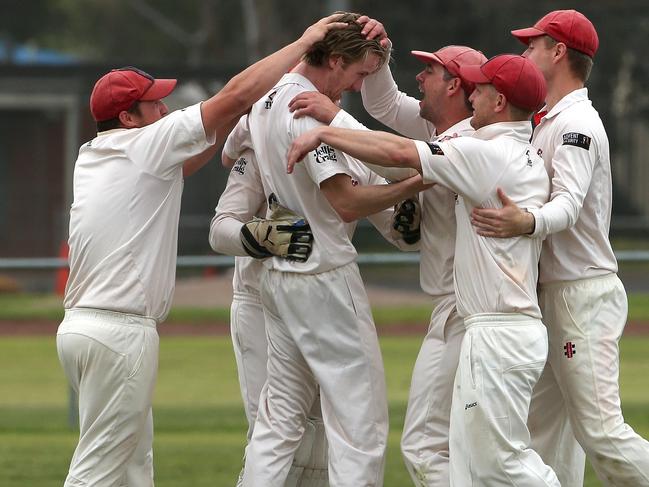 Daniel Gilbert of Diamond Creek celebrates the wicket of Narinder Sharma of Bundoora during DVCA Cricket: Bundoora v Diamond Creek on Saturday, October 12, 2019, in Epping, Victoria, Australia. Picture: Hamish Blair