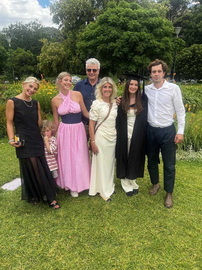 Sarah Hewitt, Freddie, Coco Hewitt, Mark Hewitt, George Hewitt, Bobbi Hewitt (Master of Journalism) and Finn Ross at the University of Melbourne graduations held at the Royal Exhibition Building on Monday, December 16, 2024. Picture: Jack Colantuono