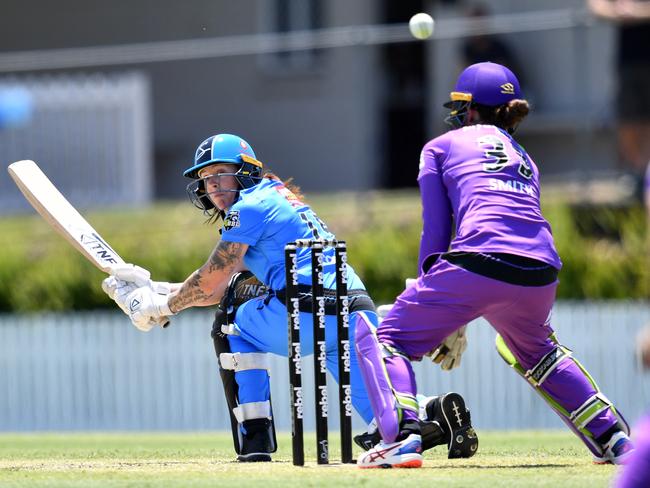 Strikers tail-ender Sarah Coyte only learnt the ramp shot a week ago. It worked well for her against the Hurricanes. Picture: AAP IMAGE/DARREN ENGLAND