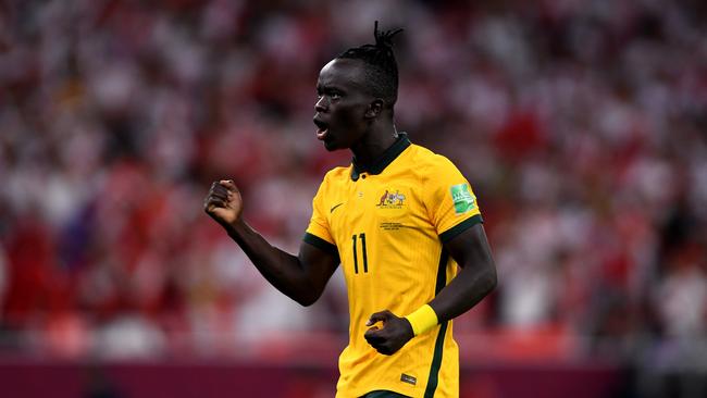 Awer Mabil of Australia reacts after scoring a penalty shootout against Peru. Picture. Joe Allison/Getty Images