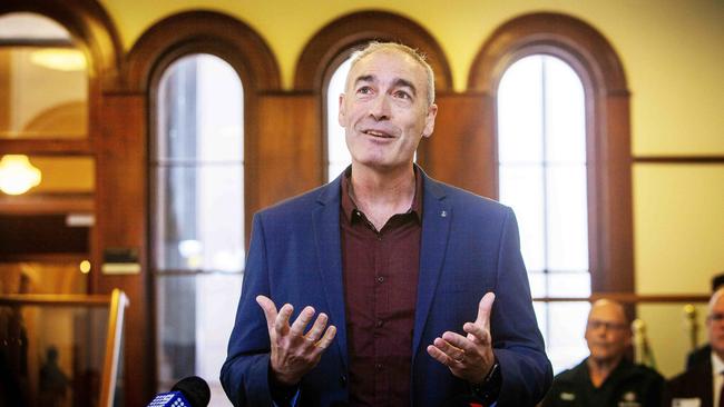 Original Yellow Wiggle Greg Page speaks at a press conference, after laws making defibrillators mandatory in public and commercial building laws passed the South Australian parliament. Picture: NCA NewsWire / Emma Brasier