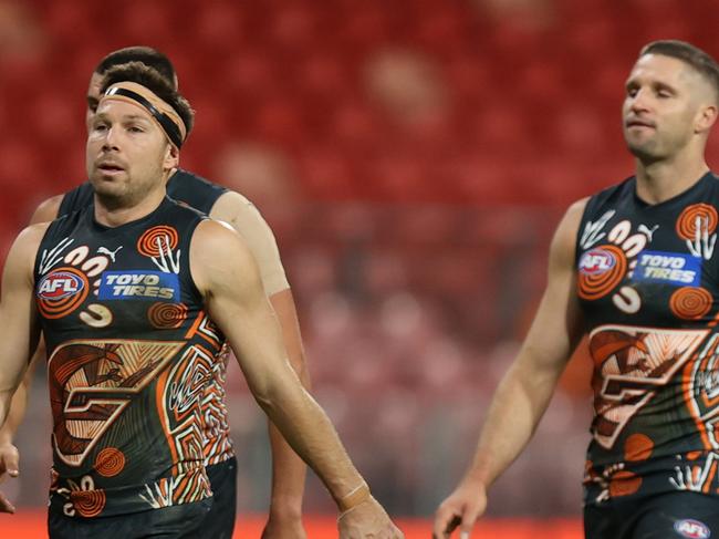 SYDNEY, AUSTRALIA - MAY 18: Sam Taylor of the Giants looks dejected during the round 10 AFL match between Greater Western Sydney Giants and Western Bulldogs at ENGIE Stadium on May 18, 2024 in Sydney, Australia. (Photo by Jason McCawley/AFL Photos/via Getty Images)