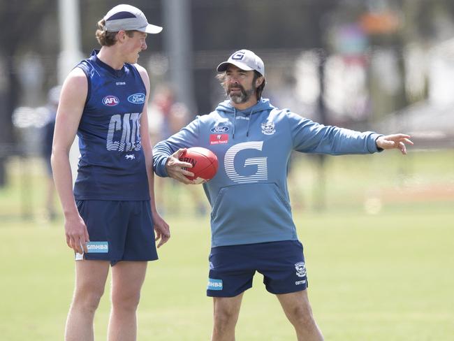 Toby Conway with Cats coach Chris Scot in summer. Picture: Alan Barber