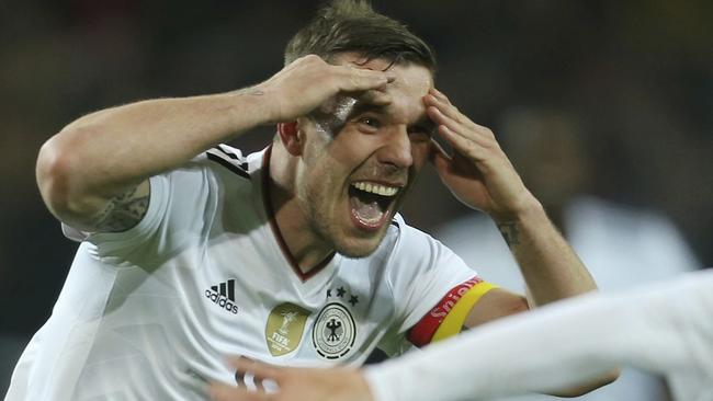 Germany's Lukas Podolski after scoring his final Germany against England in Dortmund.