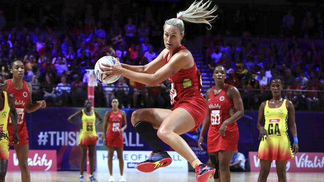 A high-flying Chelsea Pitman in England’s match against Uganda.