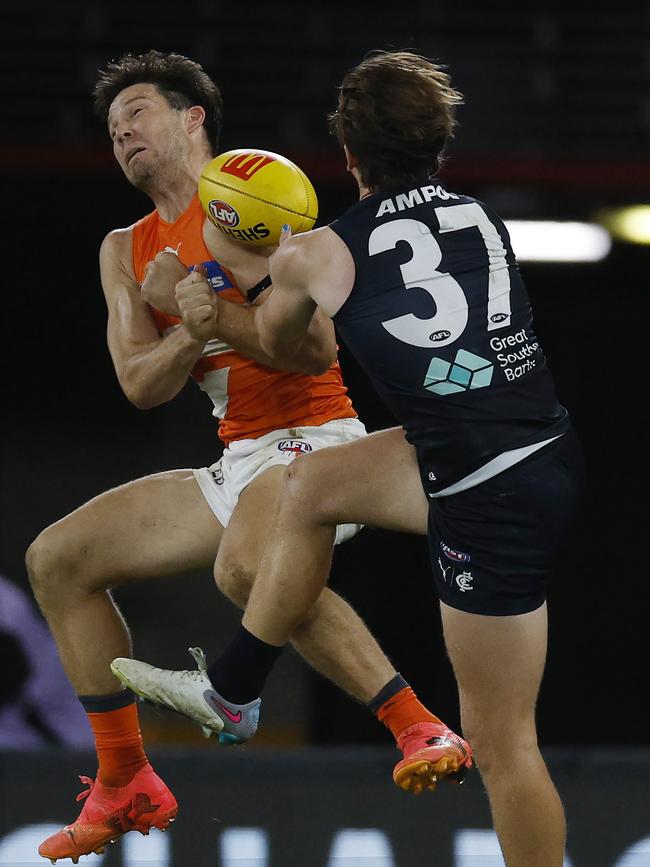 Toby Greene collides with Jordan Boyd. Picture: Michael Klein