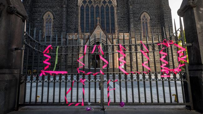 Ribbons tied to the gates at St Patricks Cathedral. Picture: Jake Nowakowski